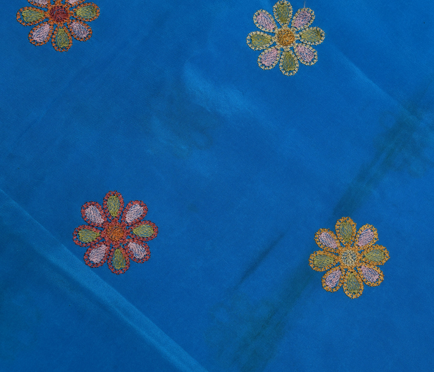 Sushila Vintage Blue Sari Remnant Scrap 100% pure Crepe Embroidered Craft Fabric