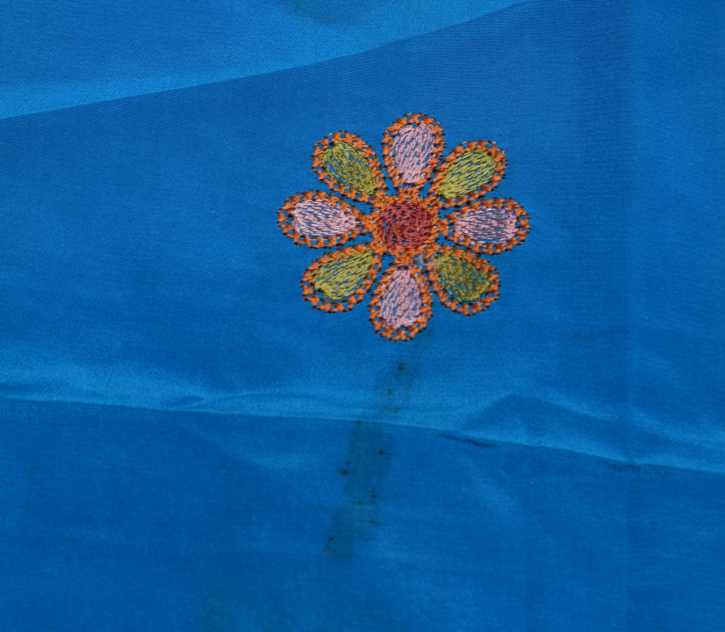 Sushila Vintage Blue Sari Remnant Scrap 100% pure Crepe Embroidered Craft Fabric