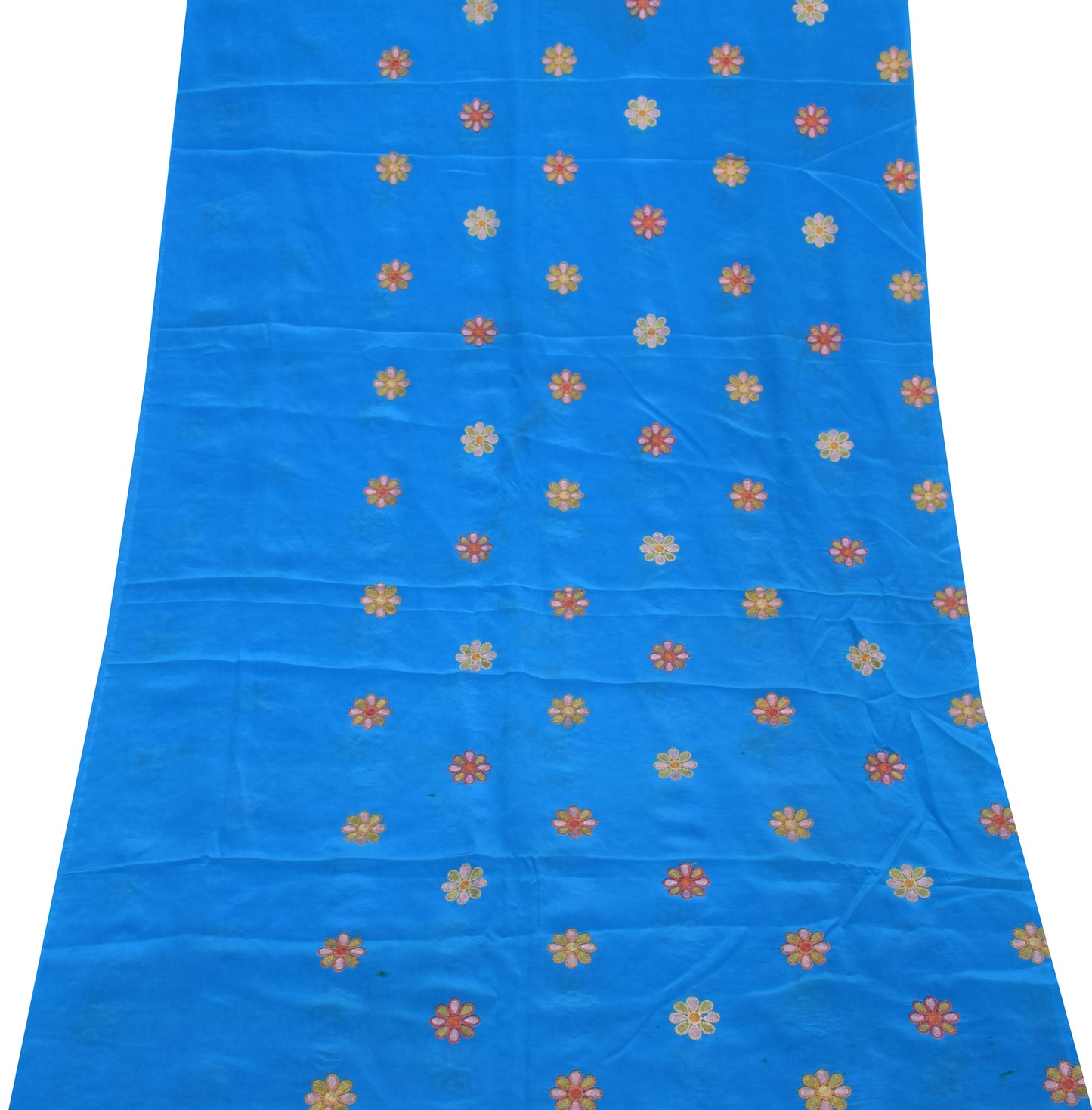 Sushila Vintage Blue Sari Remnant Scrap 100% pure Crepe Embroidered Craft Fabric