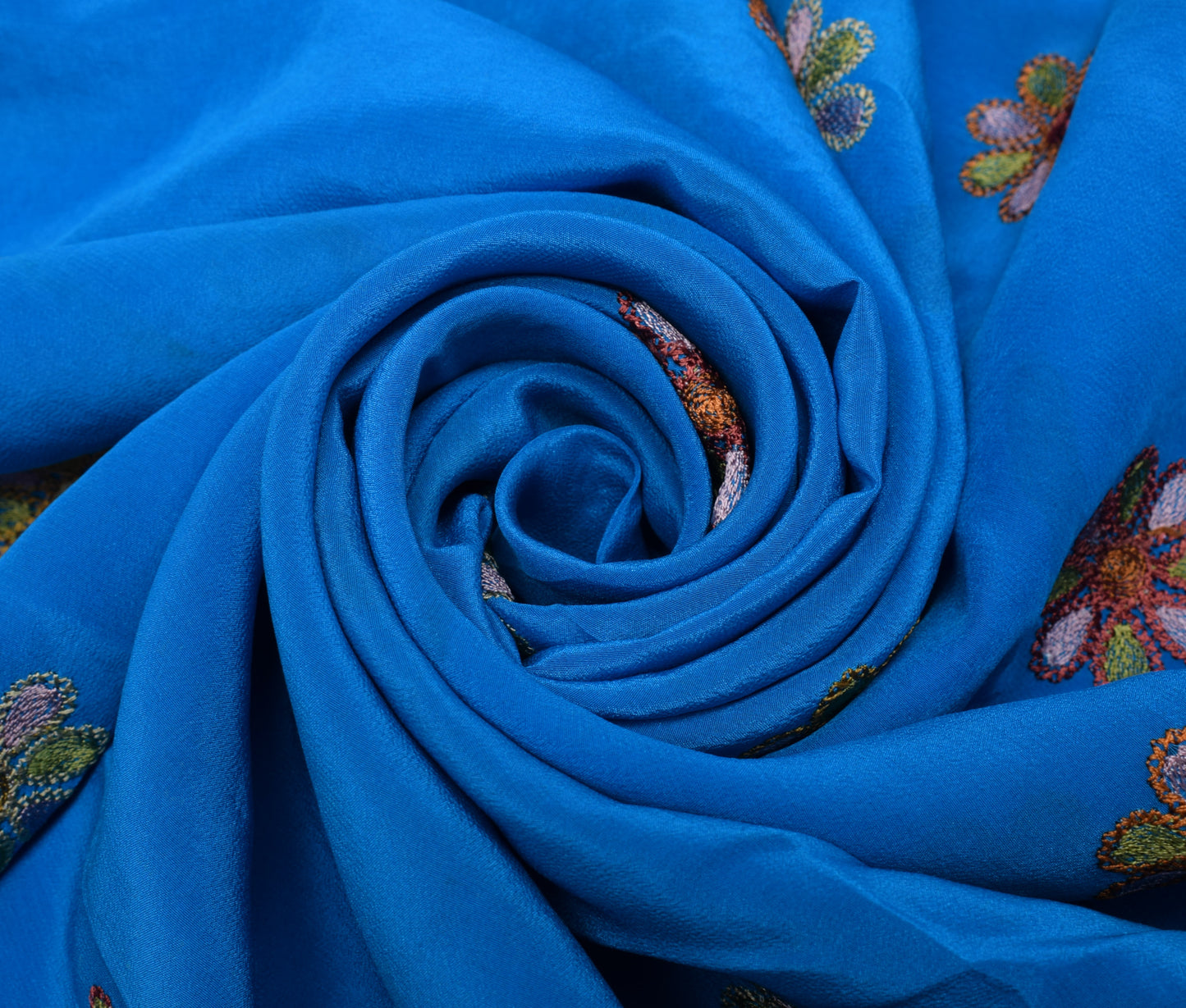 Sushila Vintage Blue Sari Remnant Scrap 100% pure Crepe Embroidered Craft Fabric