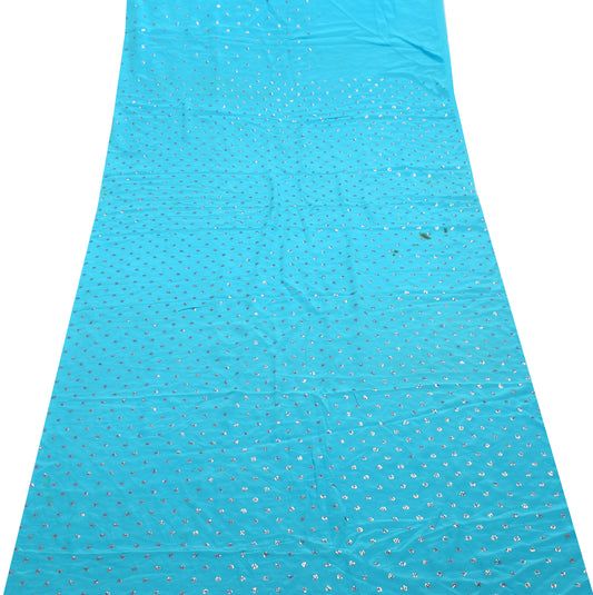 Sushila Vintage Aqua Bue Sari Remnant Scrap Pure Crepe Hand Beaded Craft Fabric