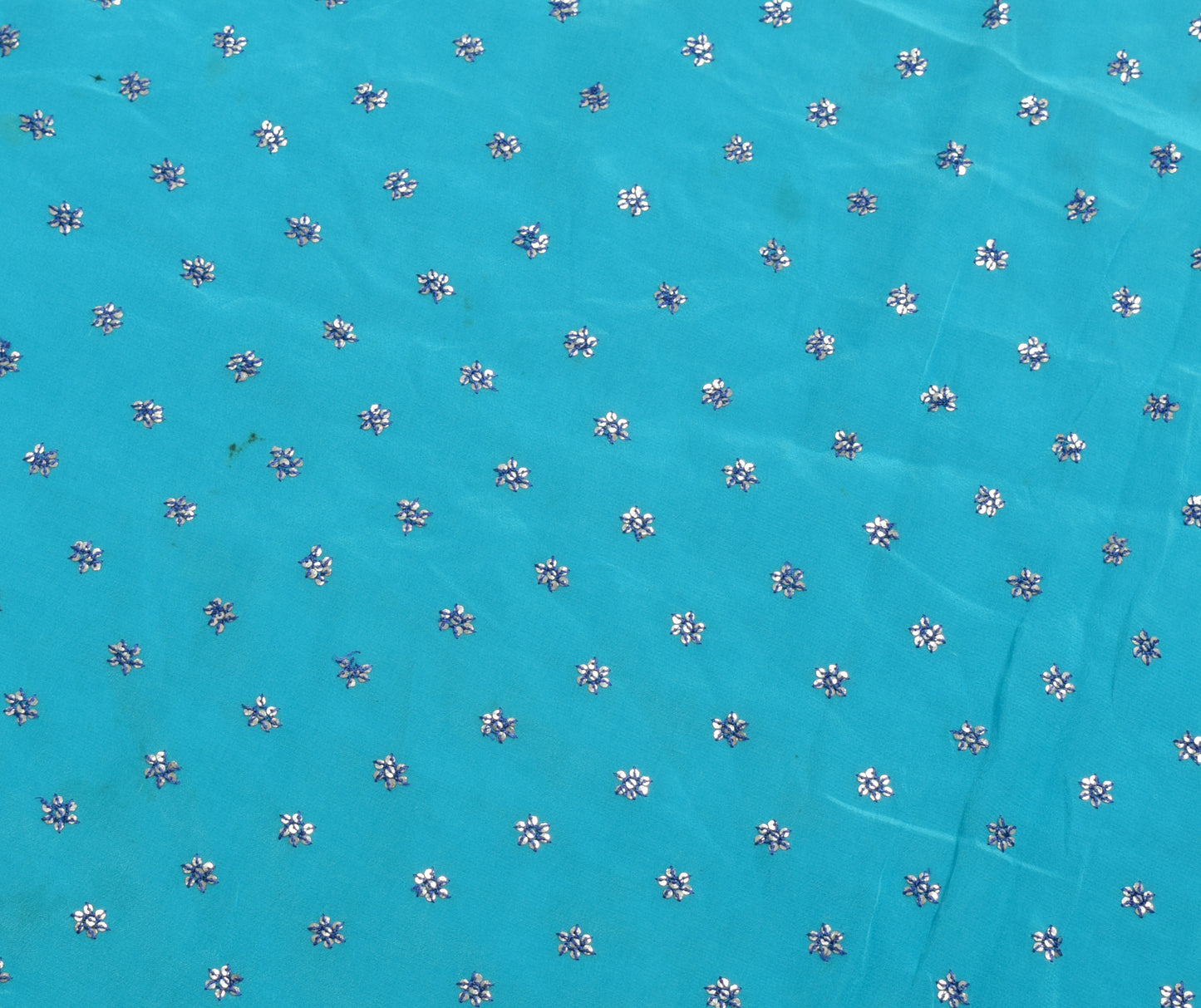 Sushila Vintage Aqua Bue Sari Remnant Scrap Pure Crepe Hand Beaded Craft Fabric