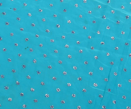 Sushila Vintage Aqua Bue Sari Remnant Scrap Pure Crepe Hand Beaded Craft Fabric