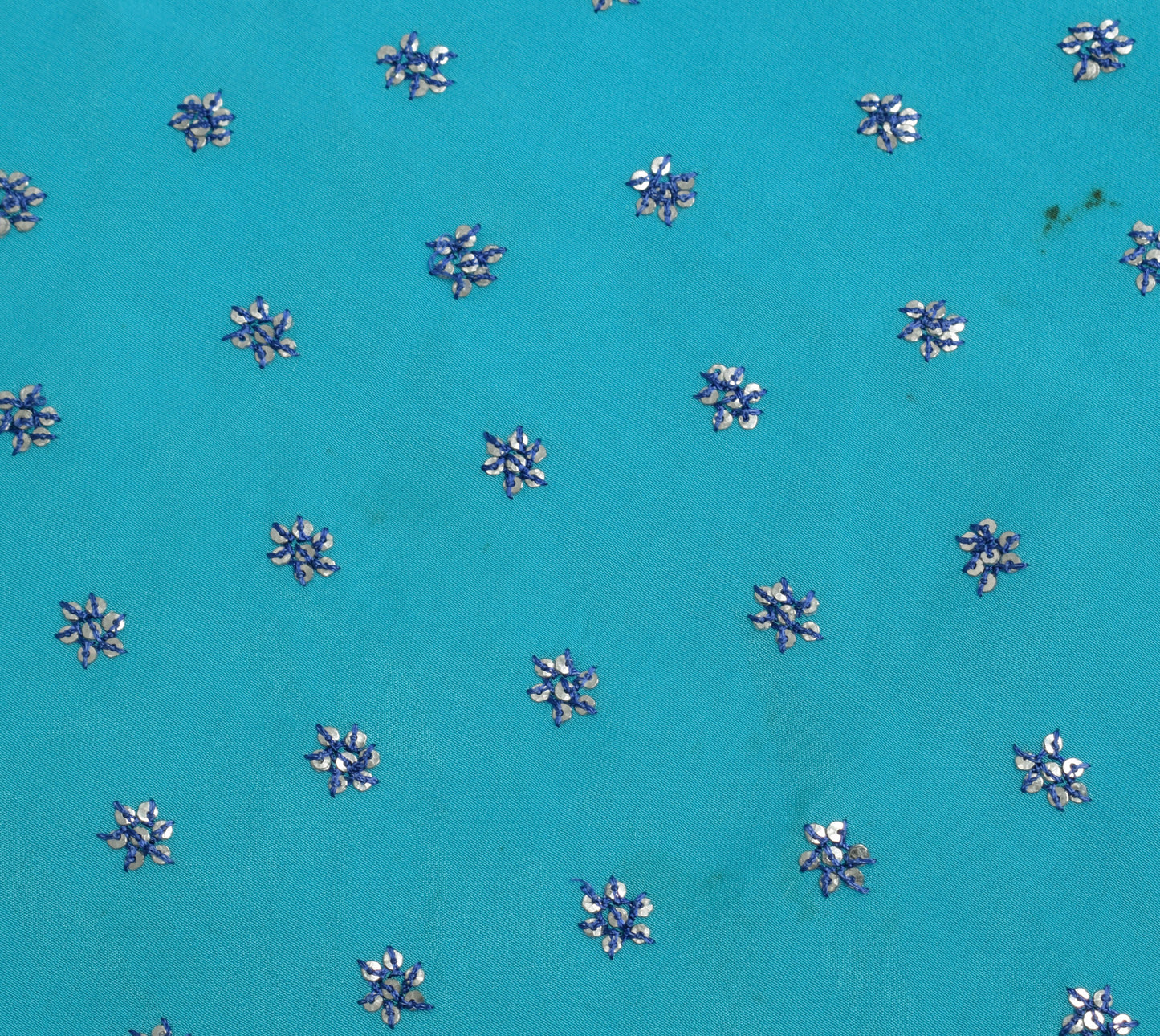 Sushila Vintage Aqua Bue Sari Remnant Scrap Pure Crepe Hand Beaded Craft Fabric