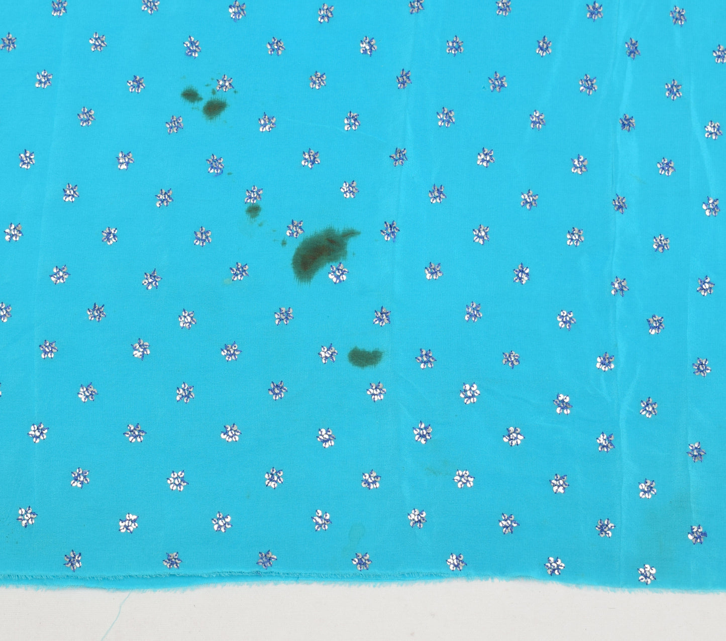 Sushila Vintage Aqua Bue Sari Remnant Scrap Pure Crepe Hand Beaded Craft Fabric