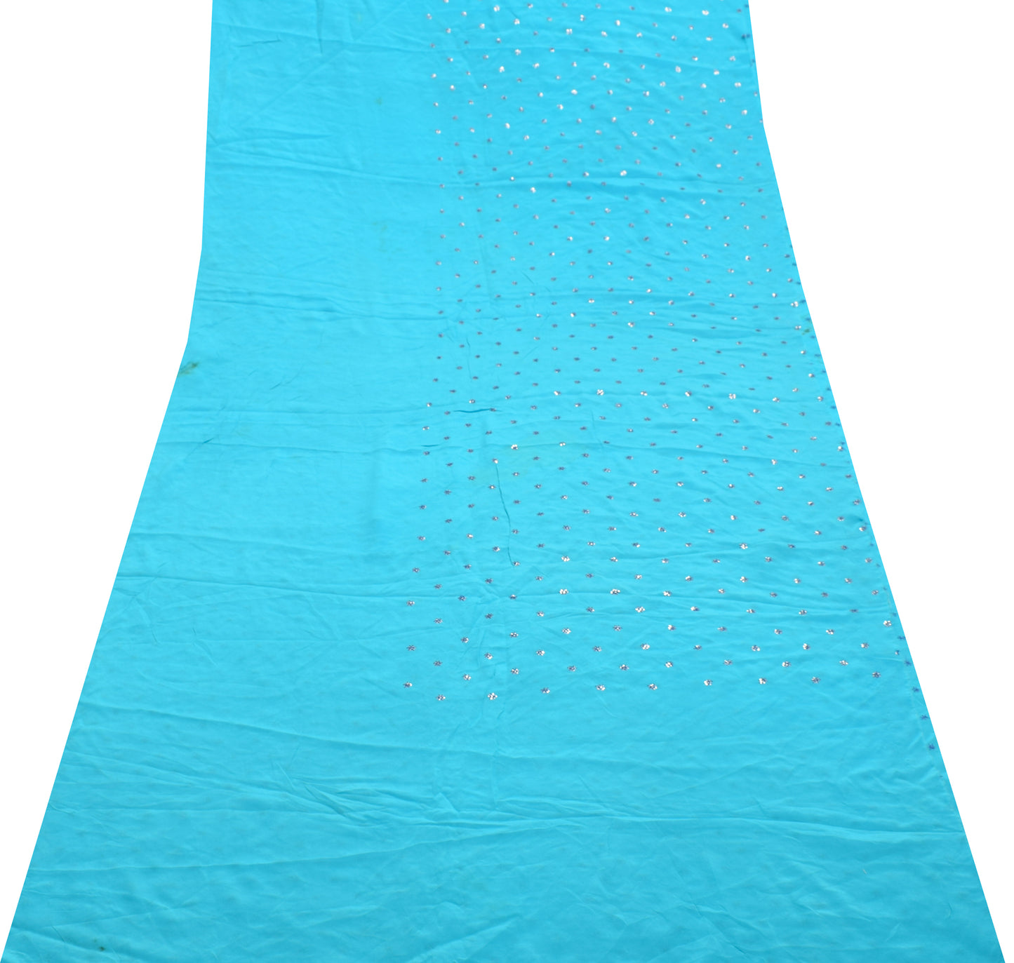 Sushila Vintage Aqua Bue Sari Remnant Scrap Pure Crepe Hand Beaded Craft Fabric