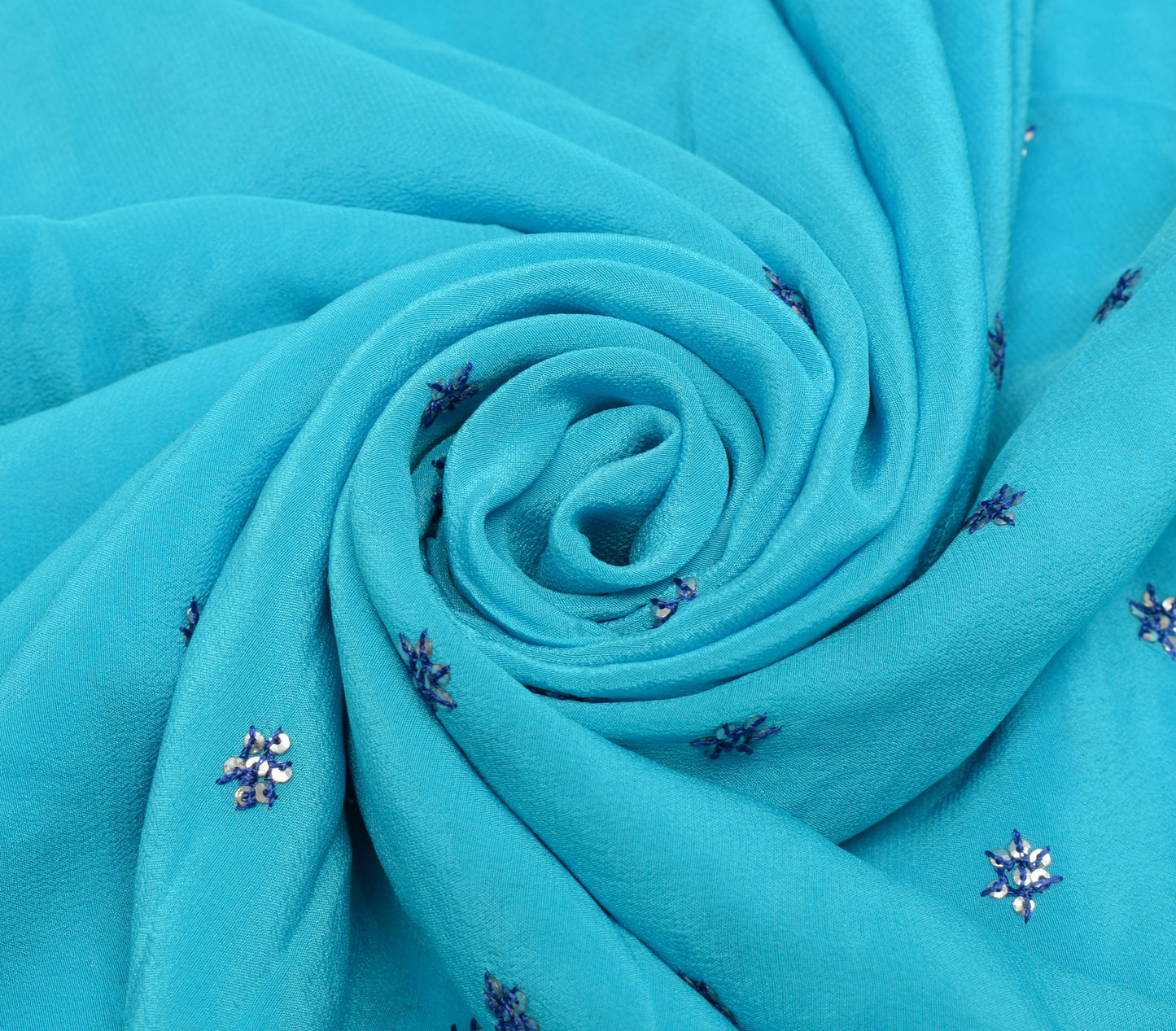 Sushila Vintage Aqua Bue Sari Remnant Scrap Pure Crepe Hand Beaded Craft Fabric