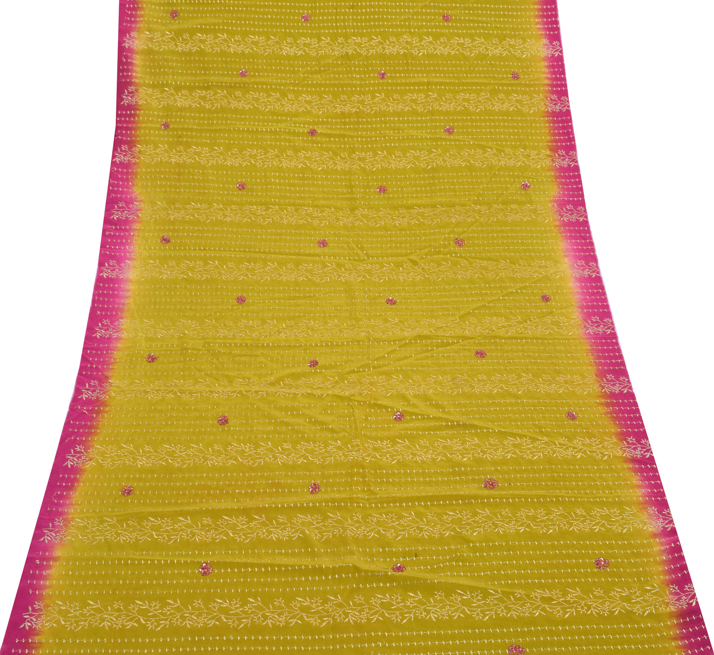 Sushila Vintage Green Sari Remnant Scrap Pure Crepe Embroidered Craft Fabric