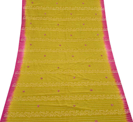 Sushila Vintage Green Sari Remnant Scrap Pure Crepe Embroidered Craft Fabric