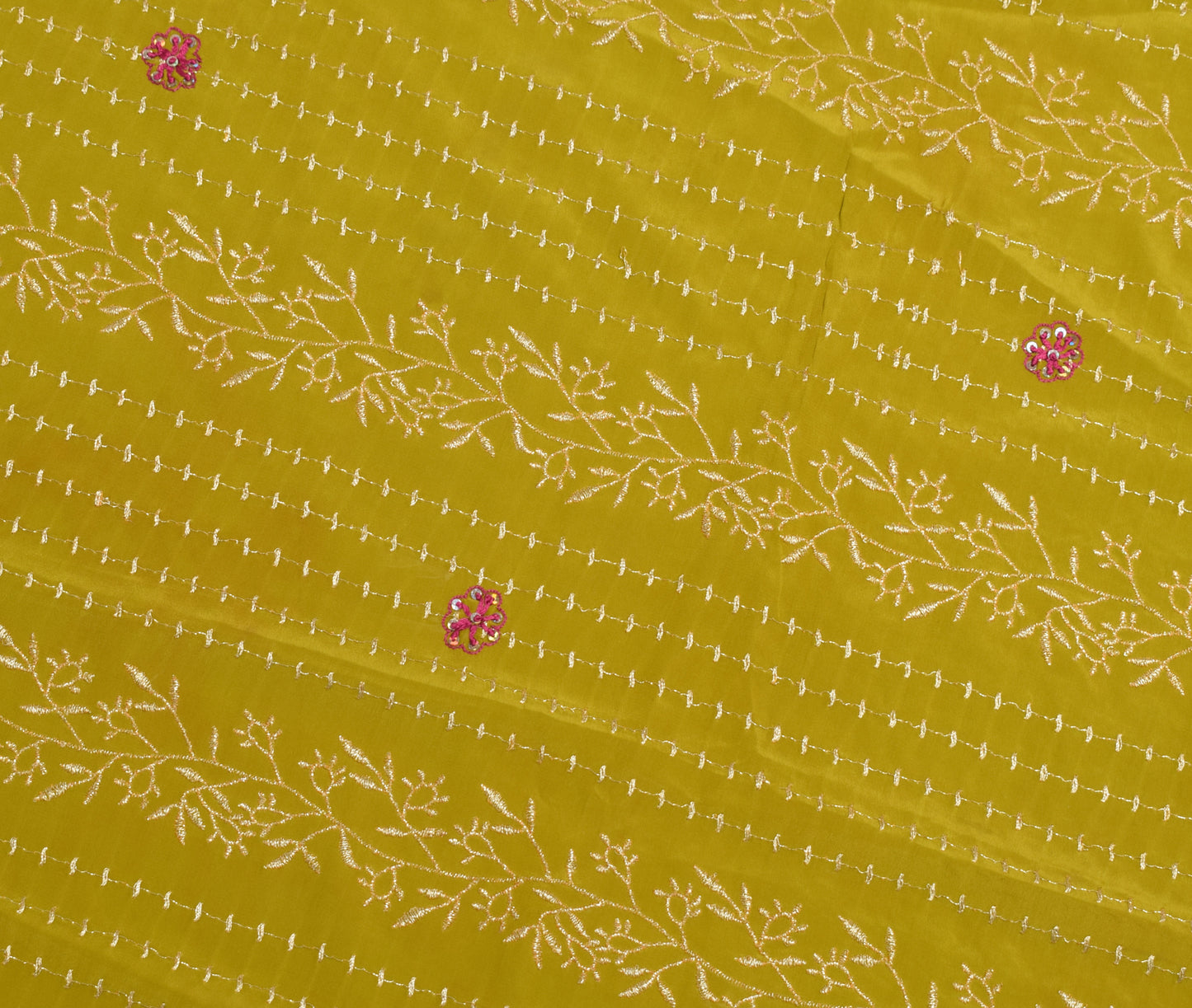 Sushila Vintage Green Sari Remnant Scrap Pure Crepe Embroidered Craft Fabric
