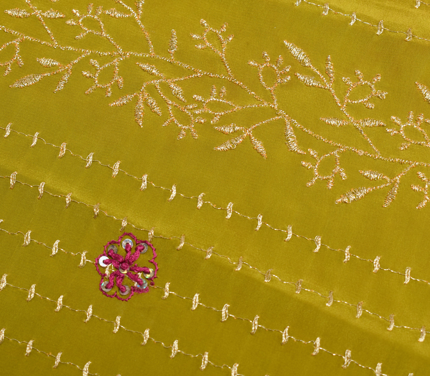 Sushila Vintage Green Sari Remnant Scrap Pure Crepe Embroidered Craft Fabric