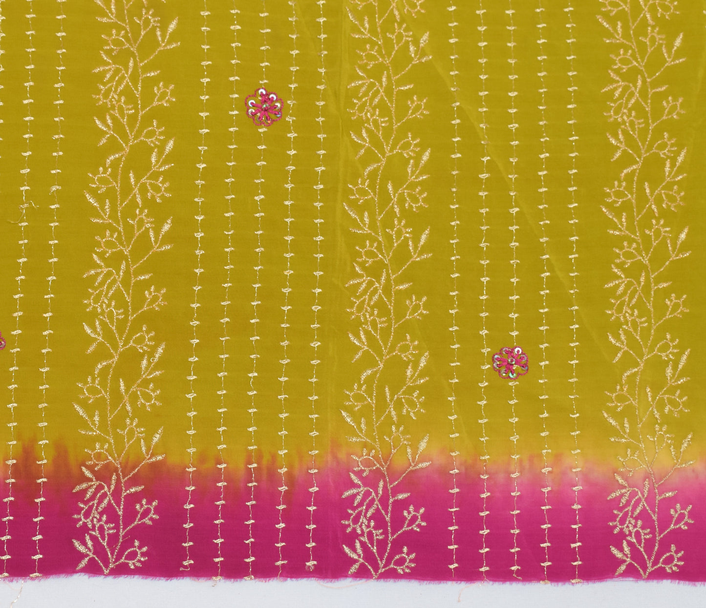 Sushila Vintage Green Sari Remnant Scrap Pure Crepe Embroidered Craft Fabric