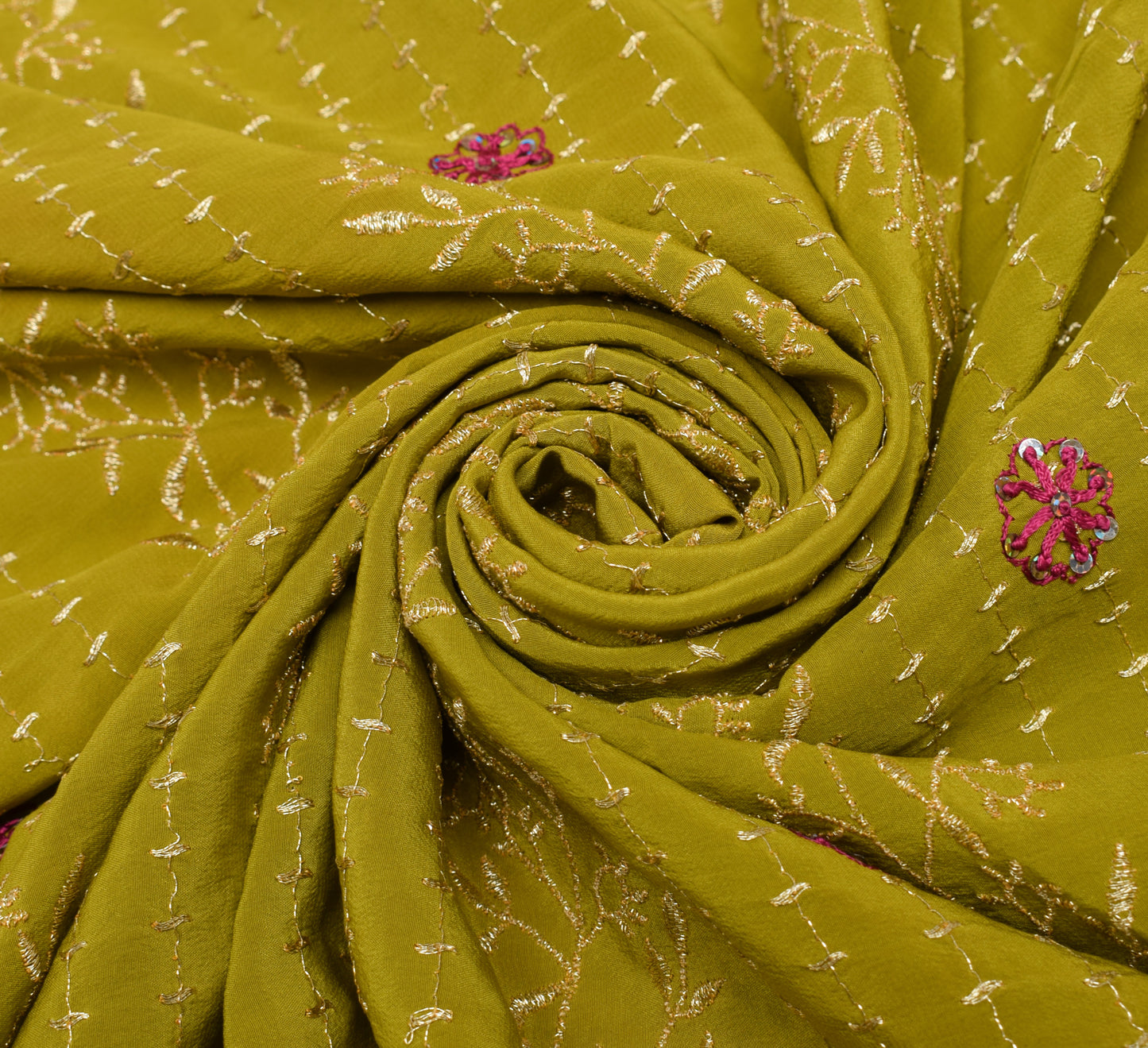 Sushila Vintage Green Sari Remnant Scrap Pure Crepe Embroidered Craft Fabric