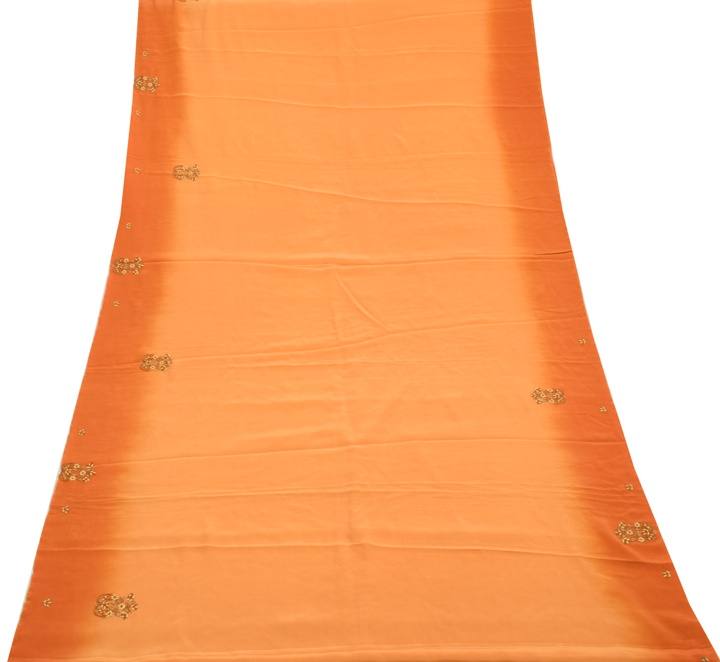 Sushila Vintage Orange Sari Remnant Scrap Pure Crepe Embroidered Craft Fabric