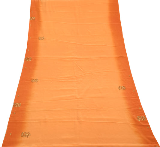 Sushila Vintage Orange Sari Remnant Scrap Pure Crepe Embroidered Craft Fabric