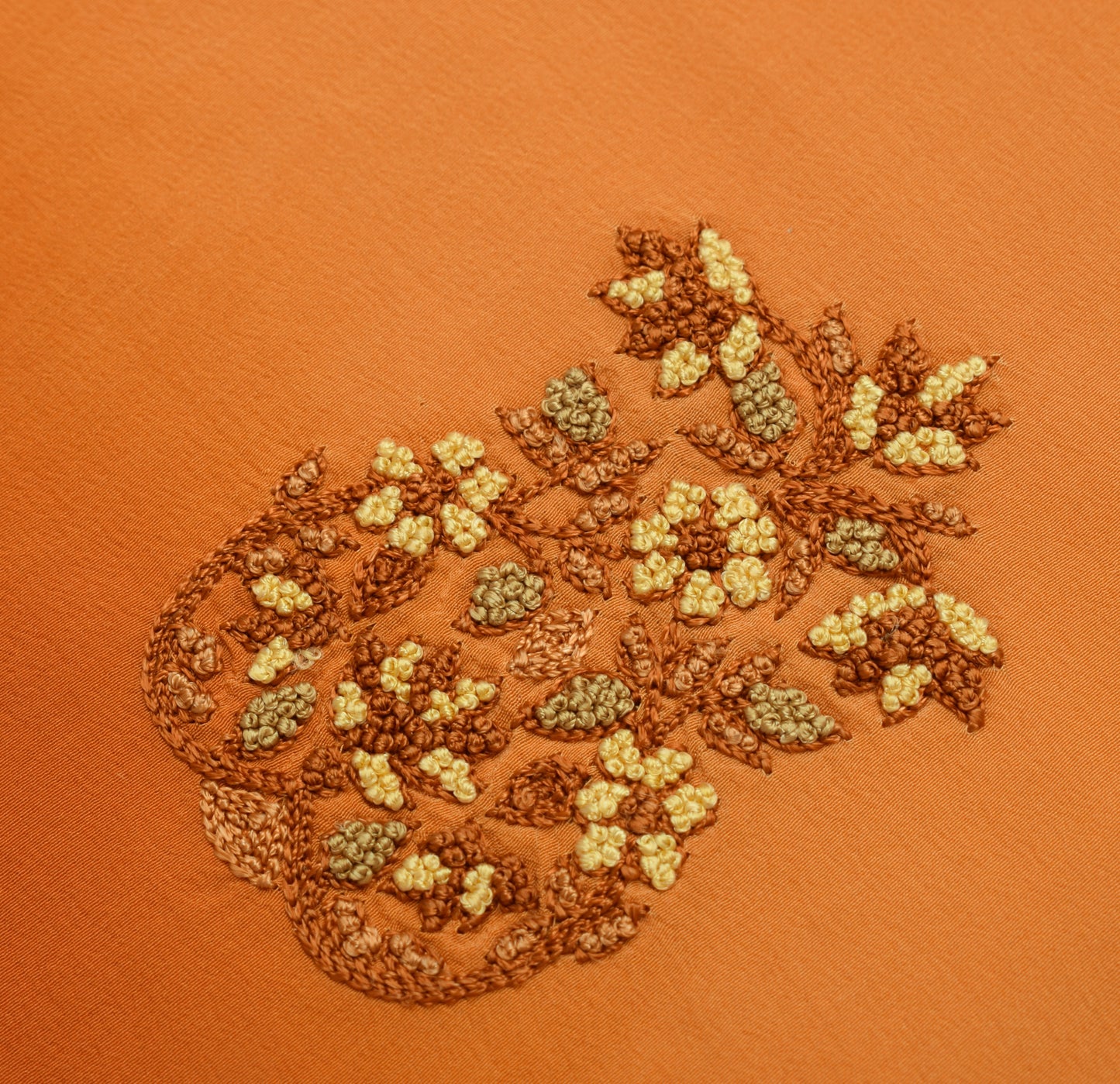 Sushila Vintage Orange Sari Remnant Scrap Pure Crepe Embroidered Craft Fabric