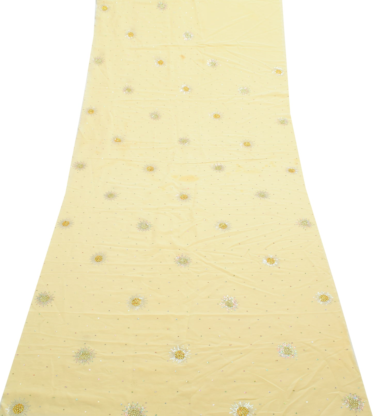 Sushila Vintage Cream Sari Remnant Scrap Pure Georgette Hand Beaded Craft Fabric