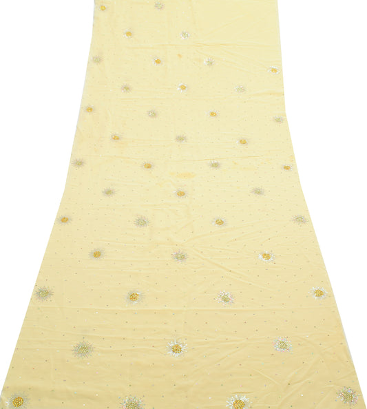 Sushila Vintage Cream Sari Remnant Scrap Pure Georgette Hand Beaded Craft Fabric