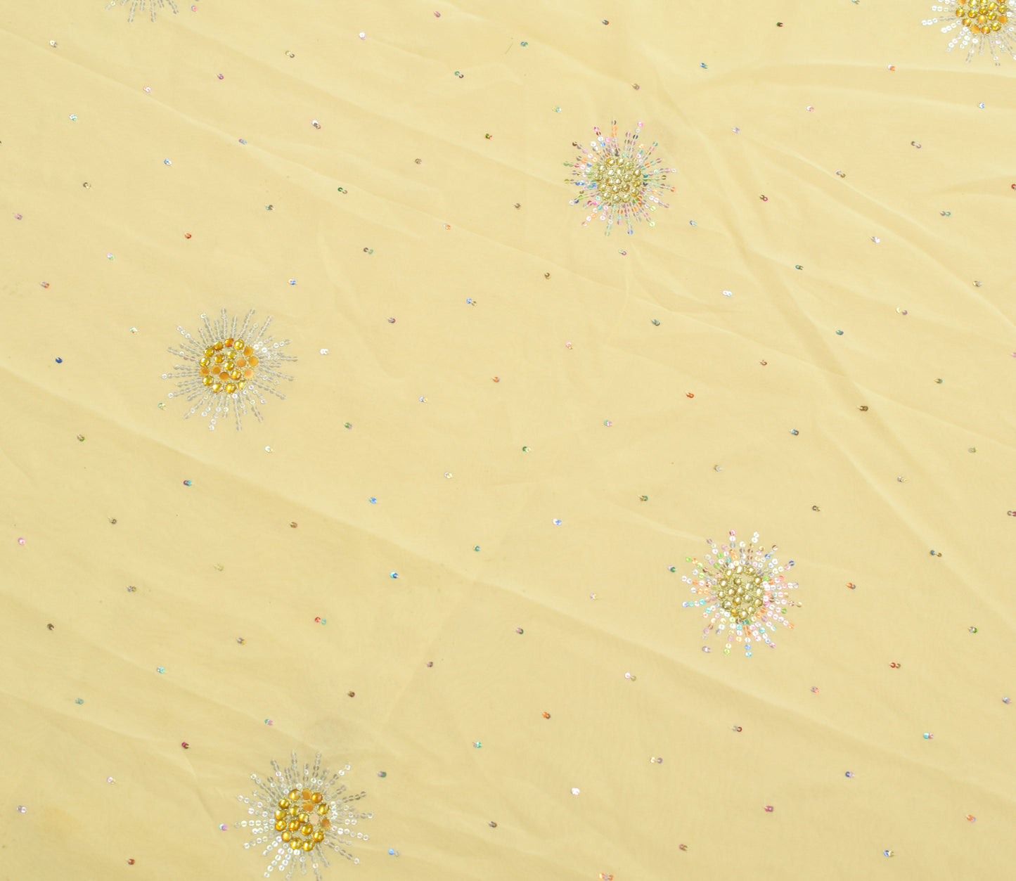 Sushila Vintage Cream Sari Remnant Scrap Pure Georgette Hand Beaded Craft Fabric