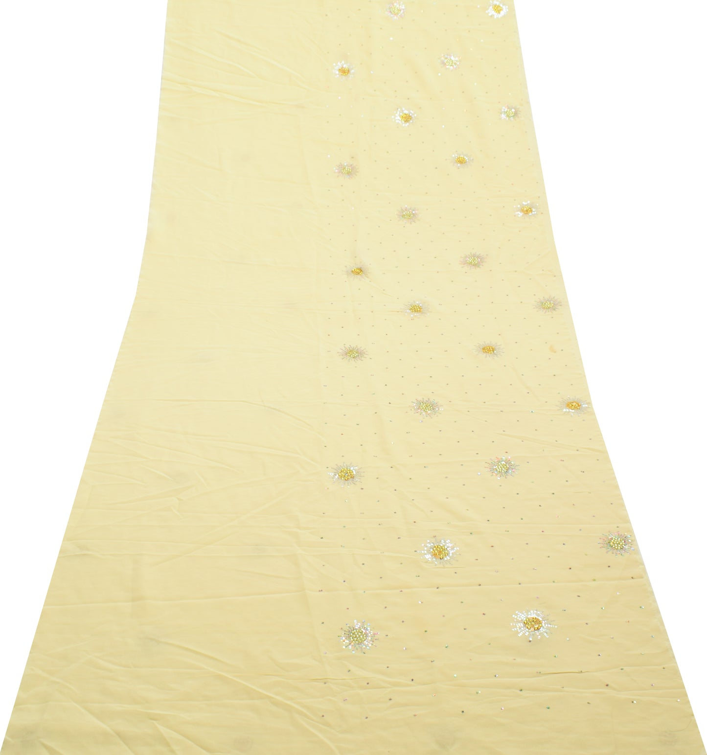 Sushila Vintage Cream Sari Remnant Scrap Pure Georgette Hand Beaded Craft Fabric