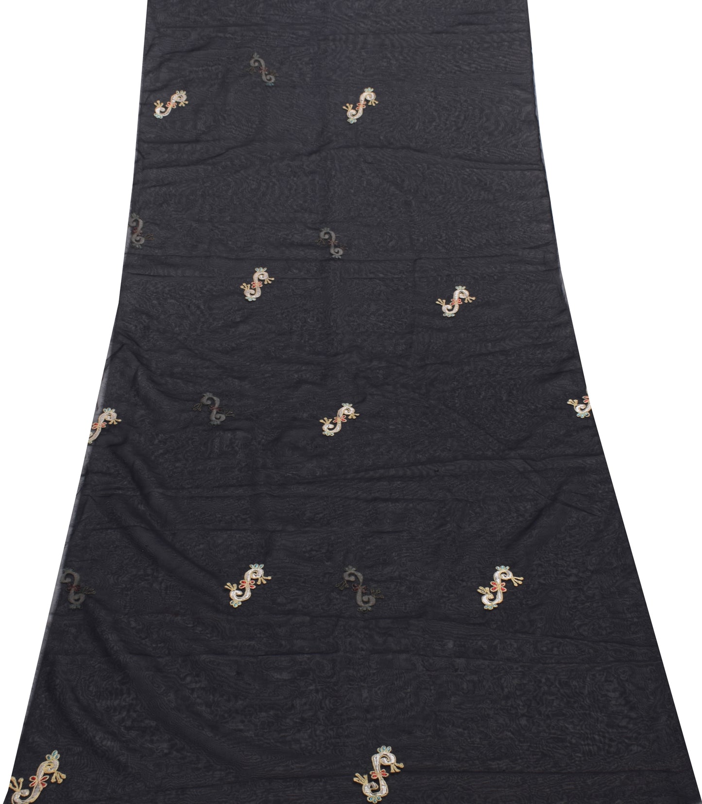 Sushila Vintage Black Sari Remnant Scrap Georgette Embroidered Craft Fabric