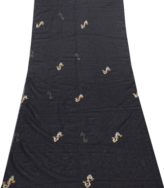 Sushila Vintage Black Sari Remnant Scrap Georgette Embroidered Craft Fabric