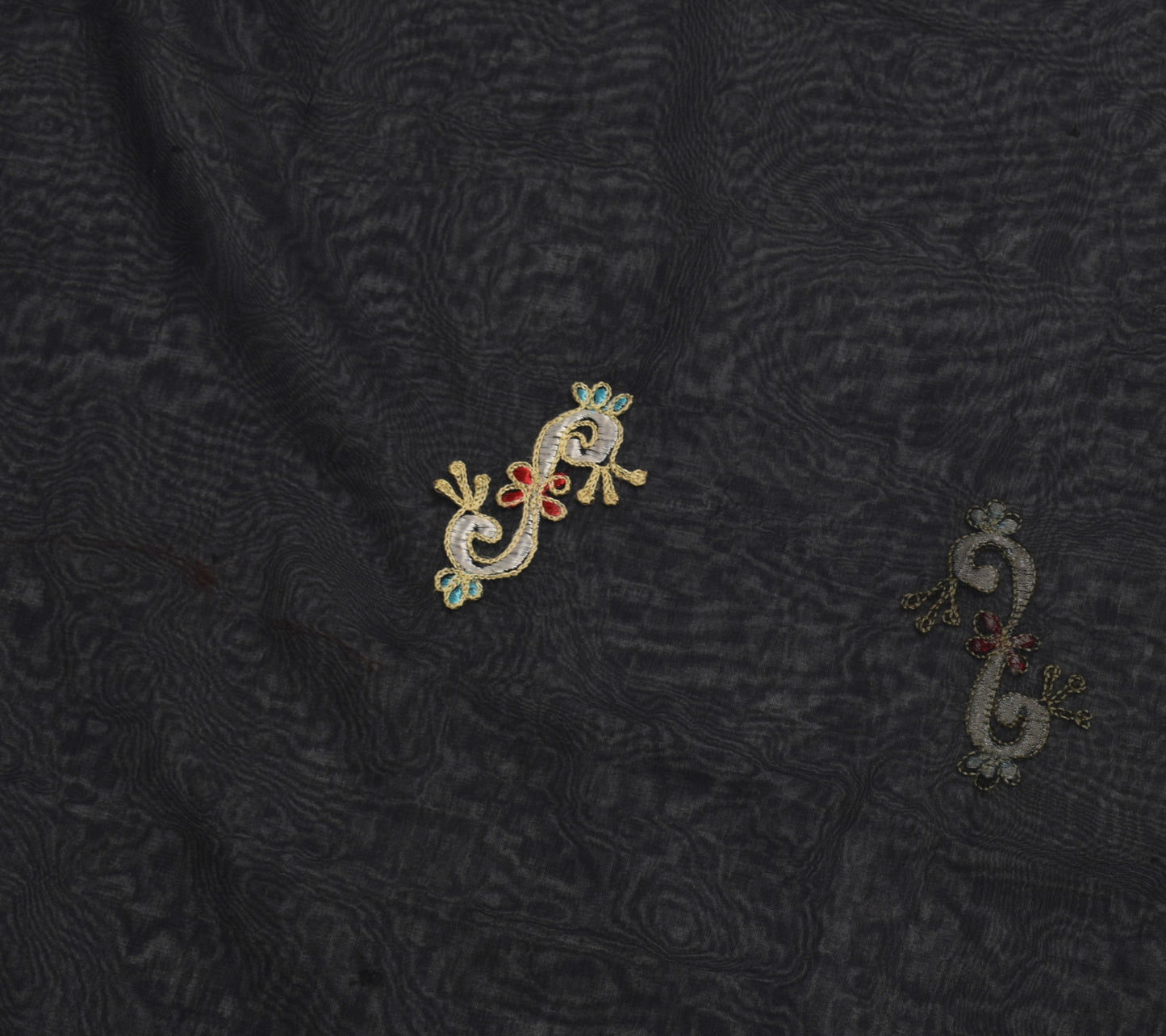 Sushila Vintage Black Sari Remnant Scrap Georgette Embroidered Craft Fabric