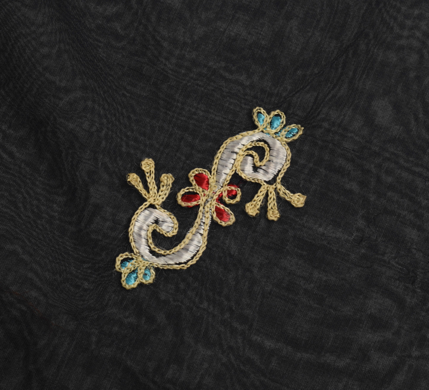 Sushila Vintage Black Sari Remnant Scrap Georgette Embroidered Craft Fabric