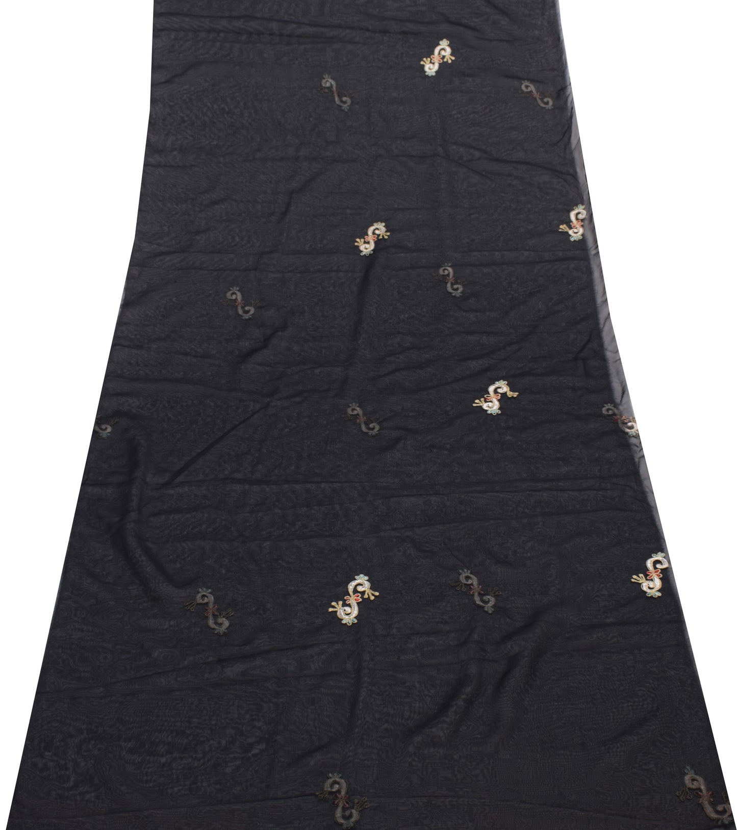 Sushila Vintage Black Sari Remnant Scrap Georgette Embroidered Craft Fabric