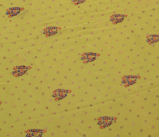 Sushila Vintage Green Sari Remnant Scrap Multi Purpose Embroidered Craft Fabric