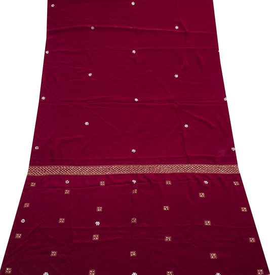 Sushila Vintage Maroon Crepe Silk Sari Remnant Scrap Hand Beaded Craft Fabric