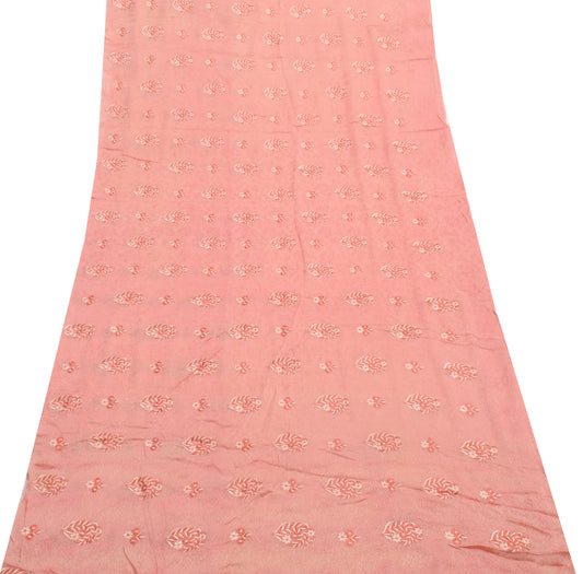 Sushila Vintage Peach Sari Remnant Scrap Pure Georgette Embroidered Craft Fabric