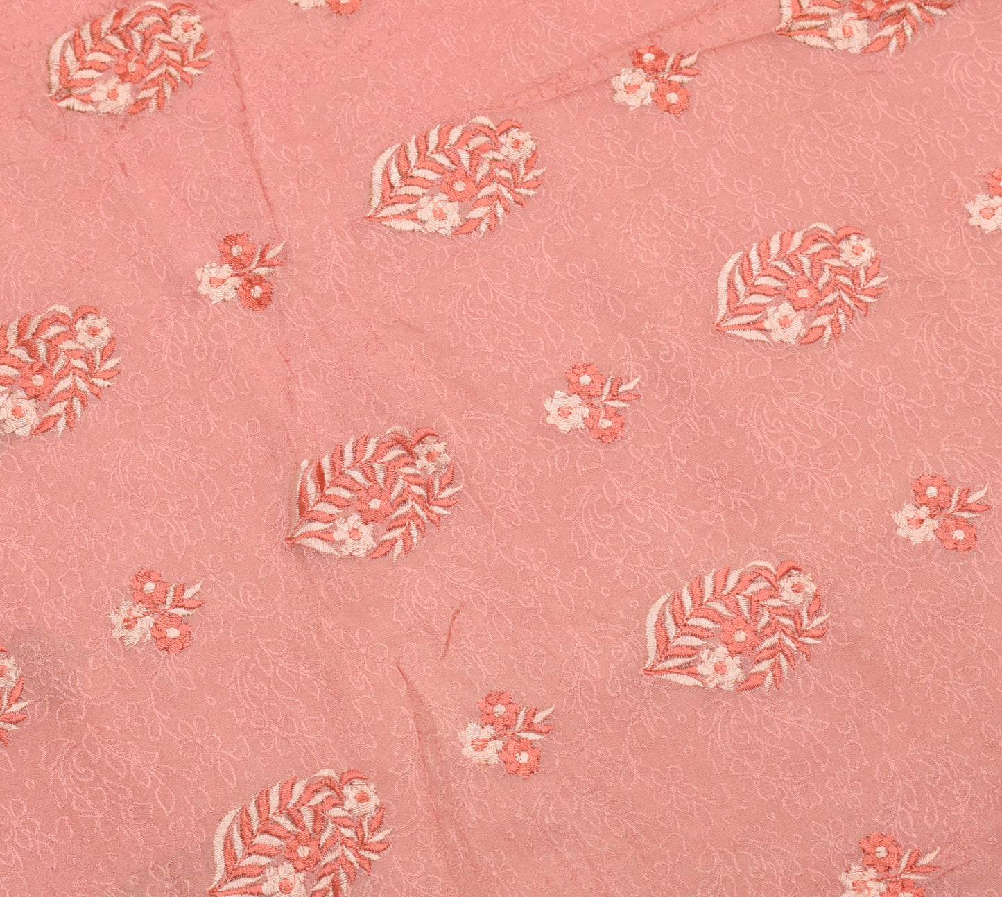 Sushila Vintage Peach Sari Remnant Scrap Pure Georgette Embroidered Craft Fabric