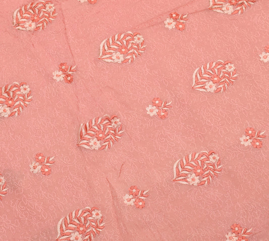 Sushila Vintage Peach Sari Remnant Scrap Pure Georgette Embroidered Craft Fabric