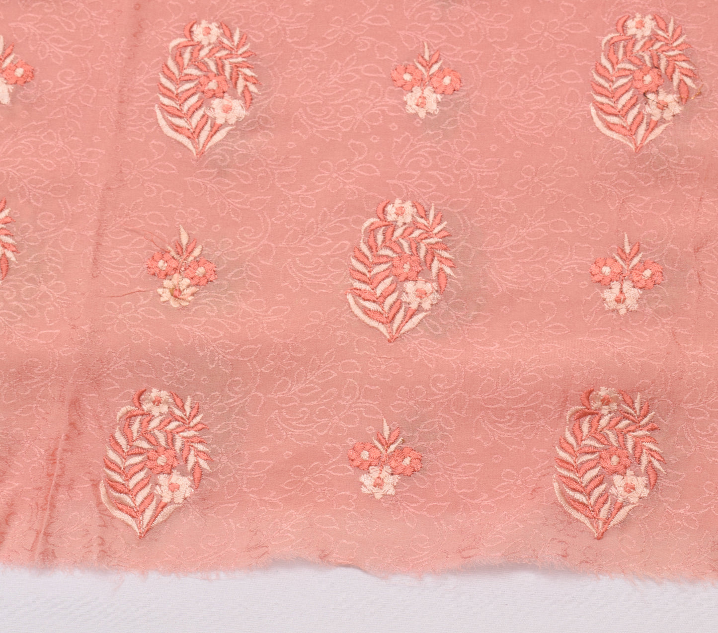 Sushila Vintage Peach Sari Remnant Scrap Pure Georgette Embroidered Craft Fabric