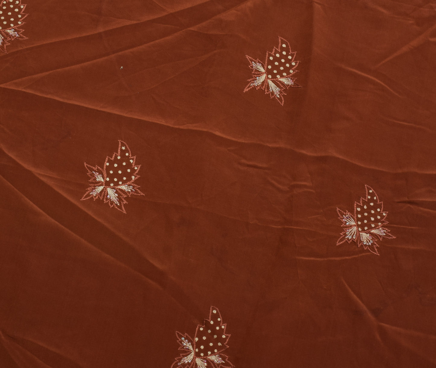 Sushila Vintage Brown Crepe Silk Sari Remnant Scrap Embroidered Craft Fabric