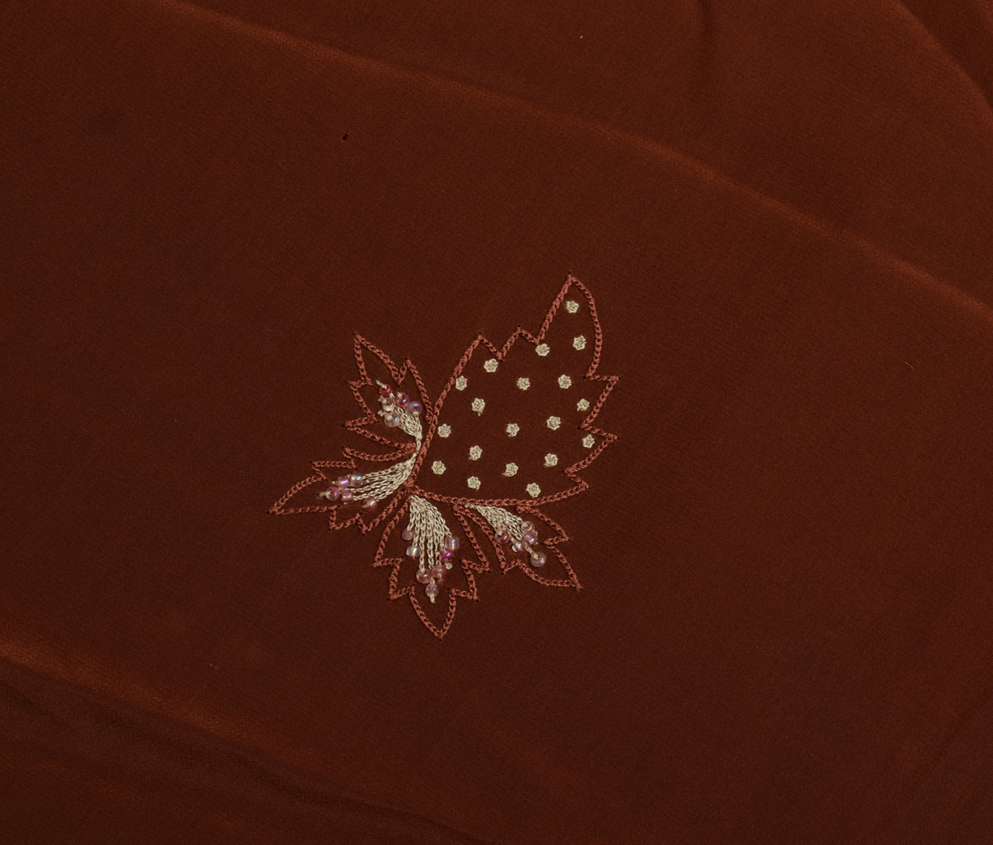 Sushila Vintage Brown Crepe Silk Sari Remnant Scrap Embroidered Craft Fabric