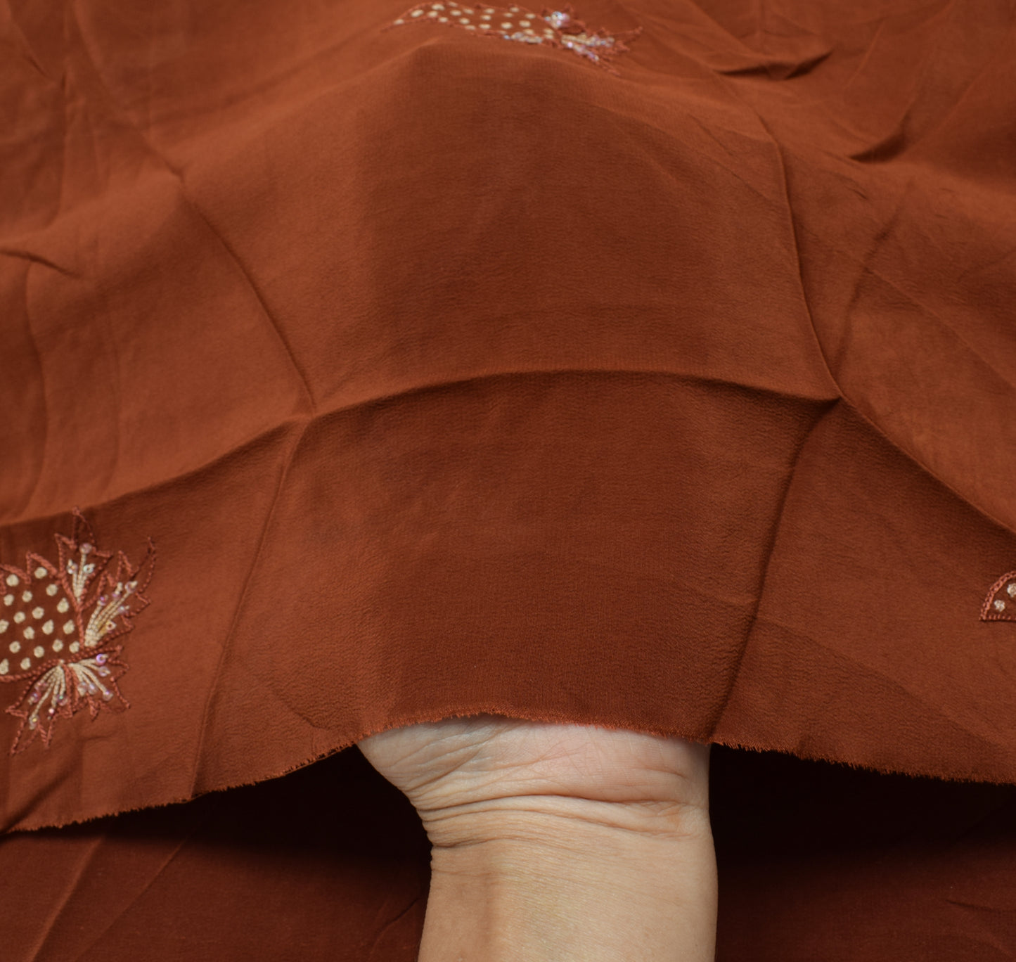 Sushila Vintage Brown Crepe Silk Sari Remnant Scrap Embroidered Craft Fabric