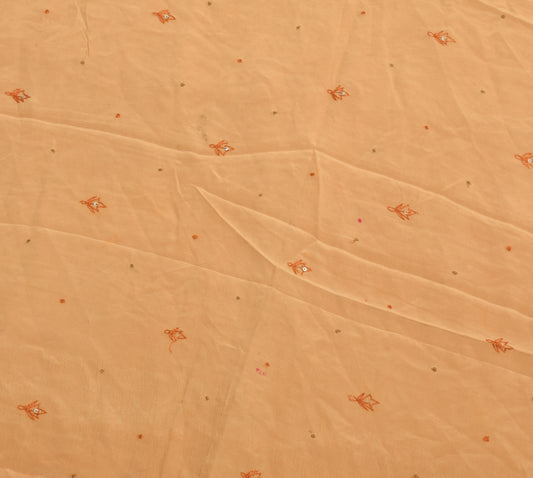 Sushila Vintage Brown Crepe Silk Sari Remnant Scrap Embroidered Craft Fabric