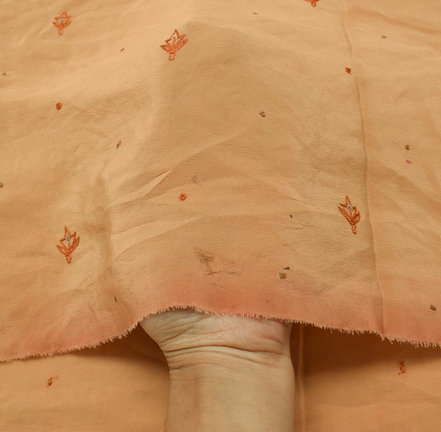 Sushila Vintage Brown Crepe Silk Sari Remnant Scrap Embroidered Craft Fabric
