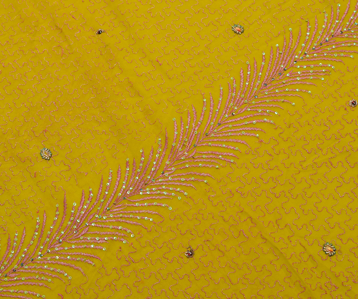 Sushila Vintage Green Georgette Silk Sari Remnant Scrap Hand Beaded Craft Fabric
