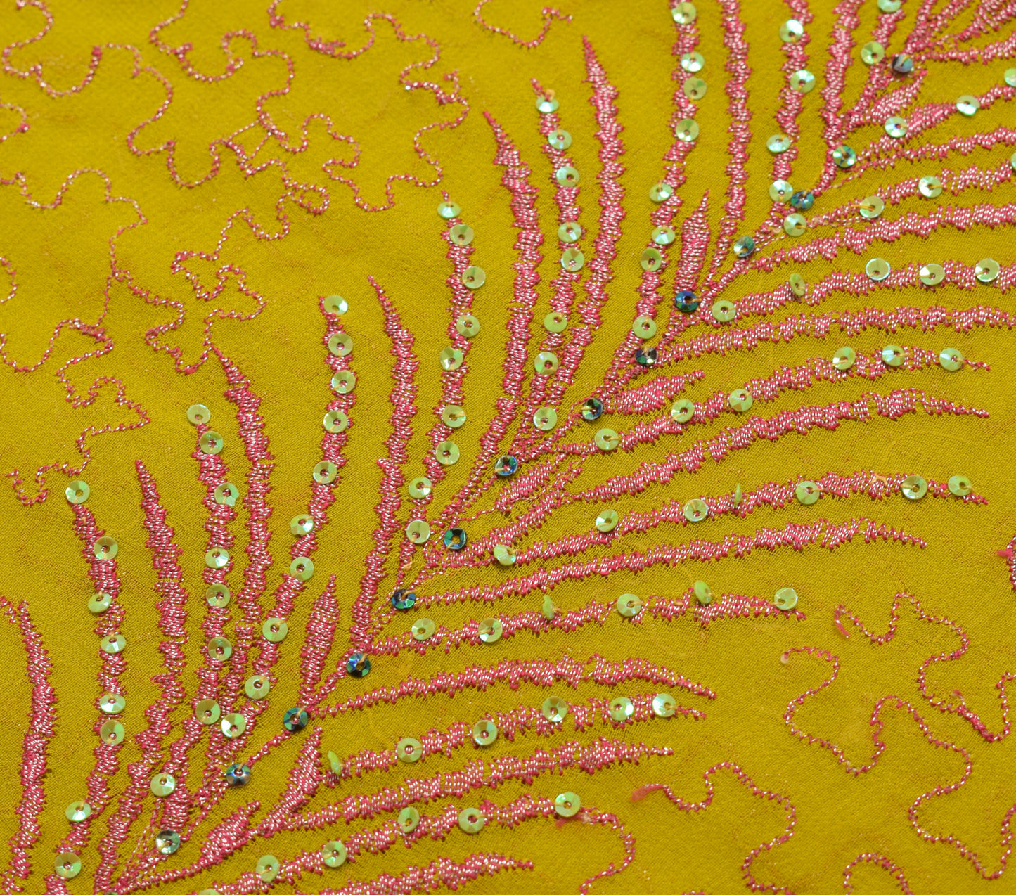 Sushila Vintage Green Georgette Silk Sari Remnant Scrap Hand Beaded Craft Fabric