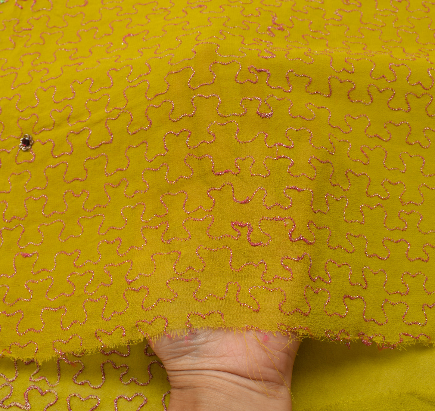 Sushila Vintage Green Georgette Silk Sari Remnant Scrap Hand Beaded Craft Fabric