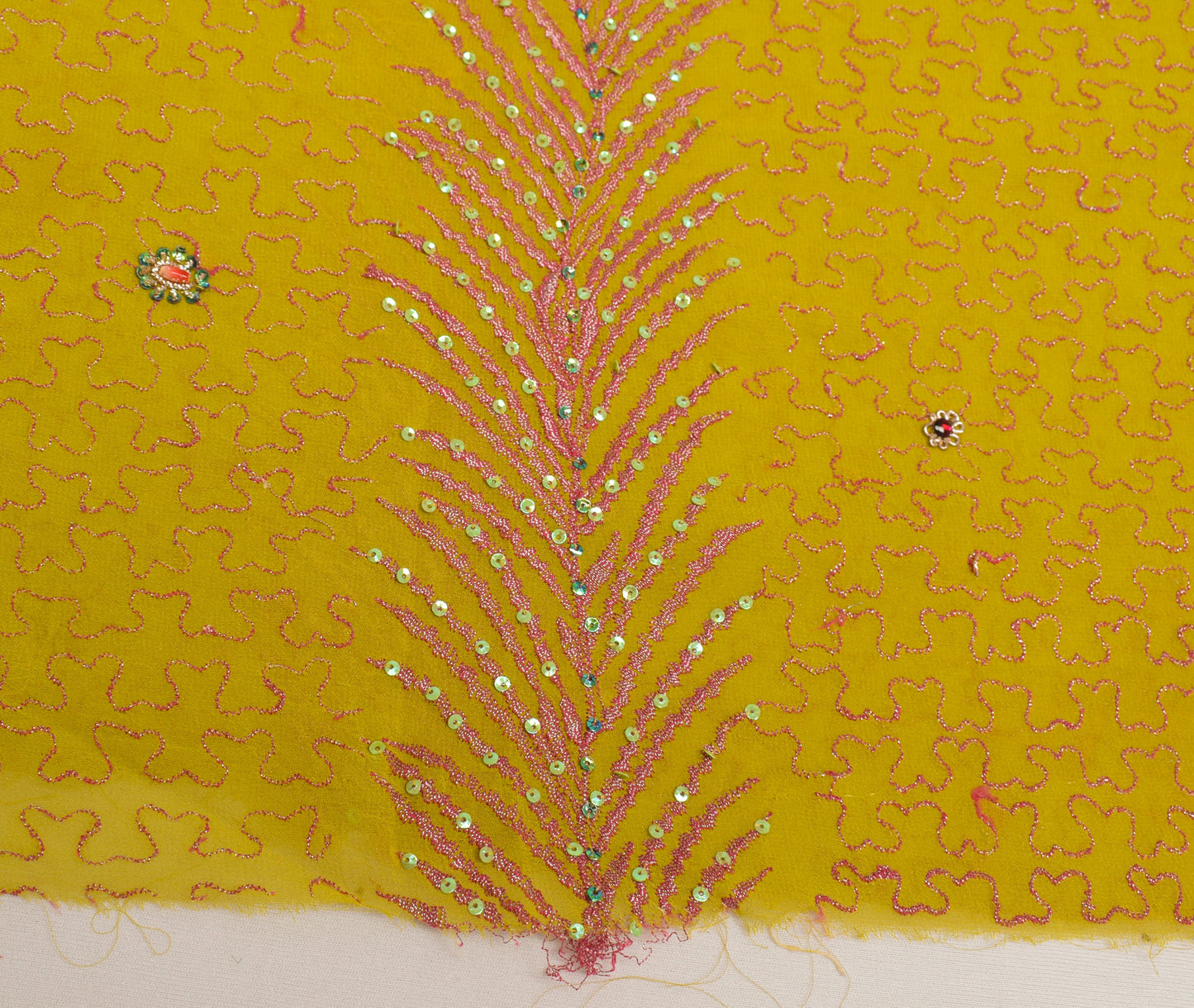 Sushila Vintage Green Georgette Silk Sari Remnant Scrap Hand Beaded Craft Fabric