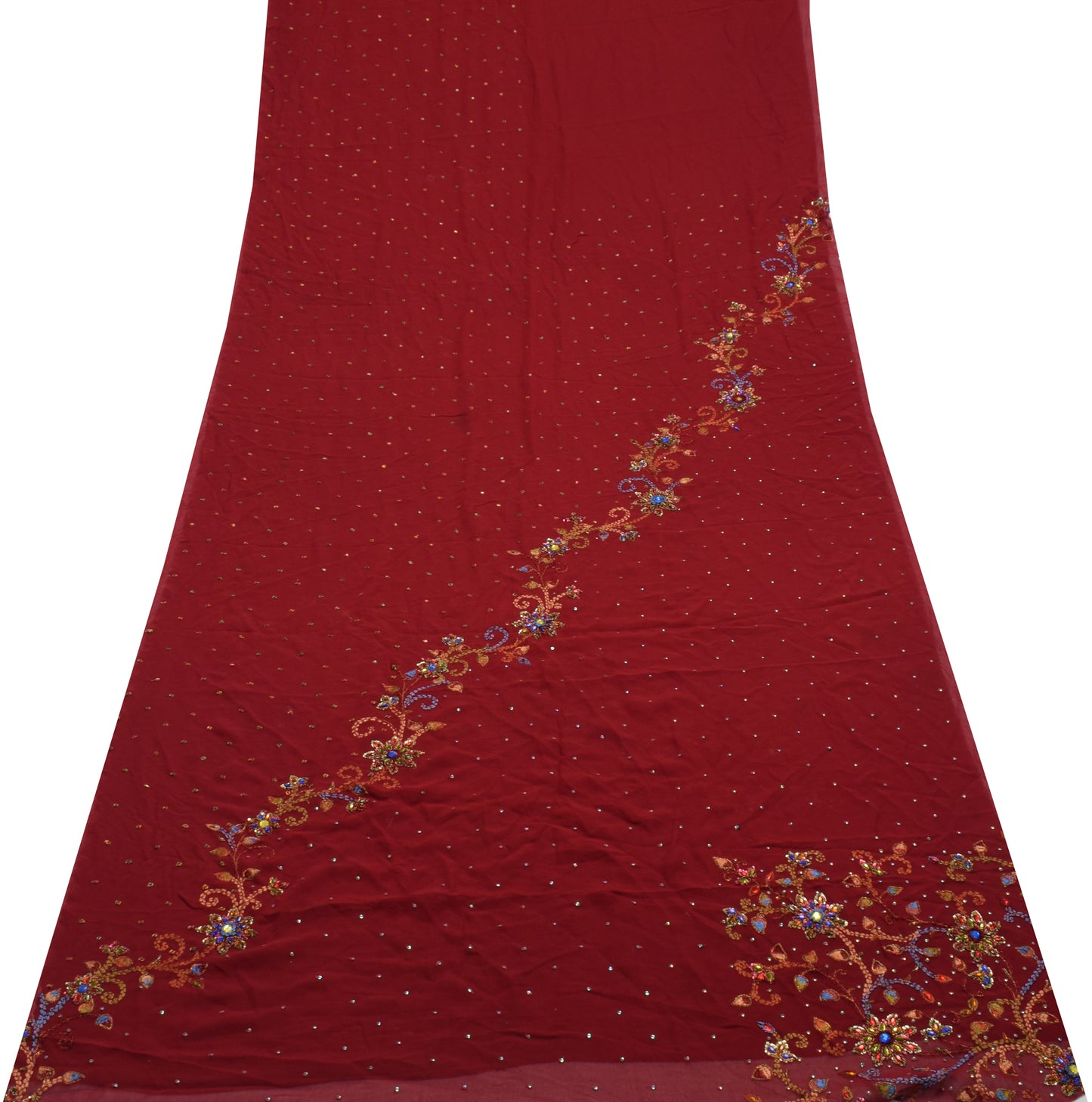 Sushila Vintage Maroon Georgette Sari Remnant Scrap Hand Beaded Craft Fabric