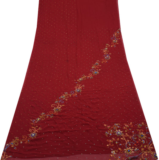 Sushila Vintage Maroon Georgette Sari Remnant Scrap Hand Beaded Craft Fabric