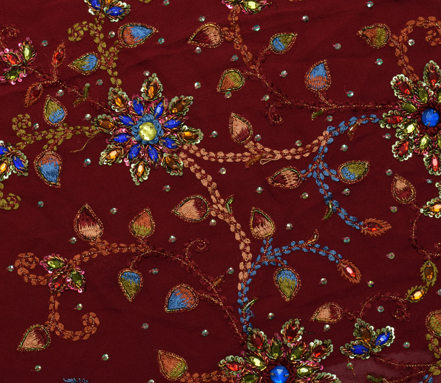Sushila Vintage Maroon Georgette Sari Remnant Scrap Hand Beaded Craft Fabric