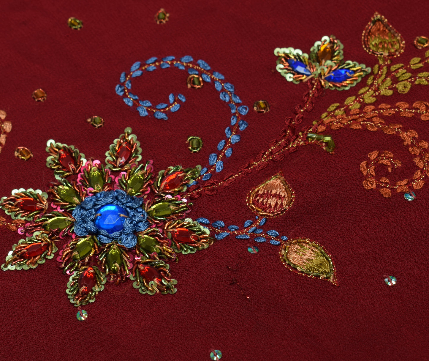 Sushila Vintage Maroon Georgette Sari Remnant Scrap Hand Beaded Craft Fabric