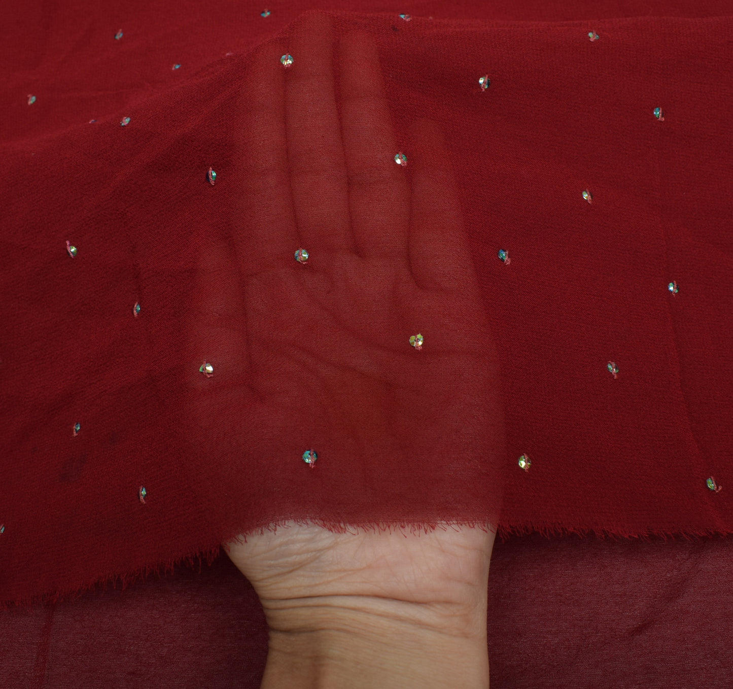 Sushila Vintage Maroon Georgette Sari Remnant Scrap Hand Beaded Craft Fabric