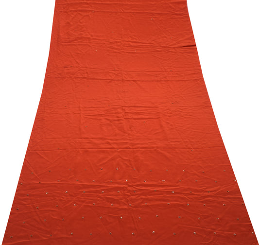 Sushila Vintage Rust Sari Remnant Scrap Pure Crepe Hand Beaded Craft Fabric